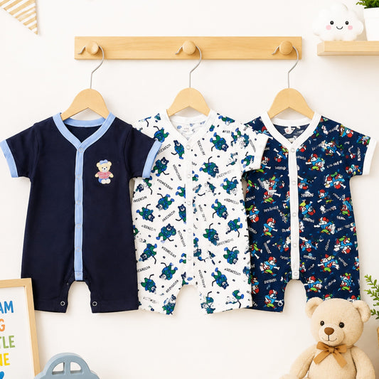LO - Cotton Jersey - Pack of 3 - Short Leg Rompers - White & Navy - Days