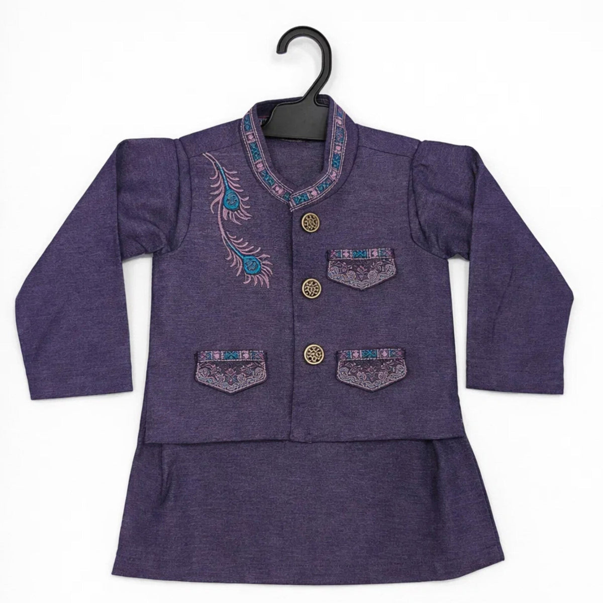 WG - 3 Pieces - Wash N Wear - Waist Coat Kurta Shalwar - Purple - Flower Bail (0-6 Months)