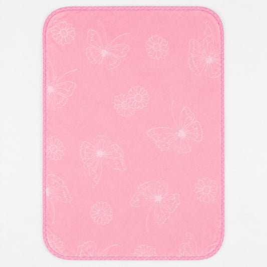 A pink rectangular mat with rounded corners, featuring a subtle white outline pattern of butterflies and flowers, shown against a plain white background.