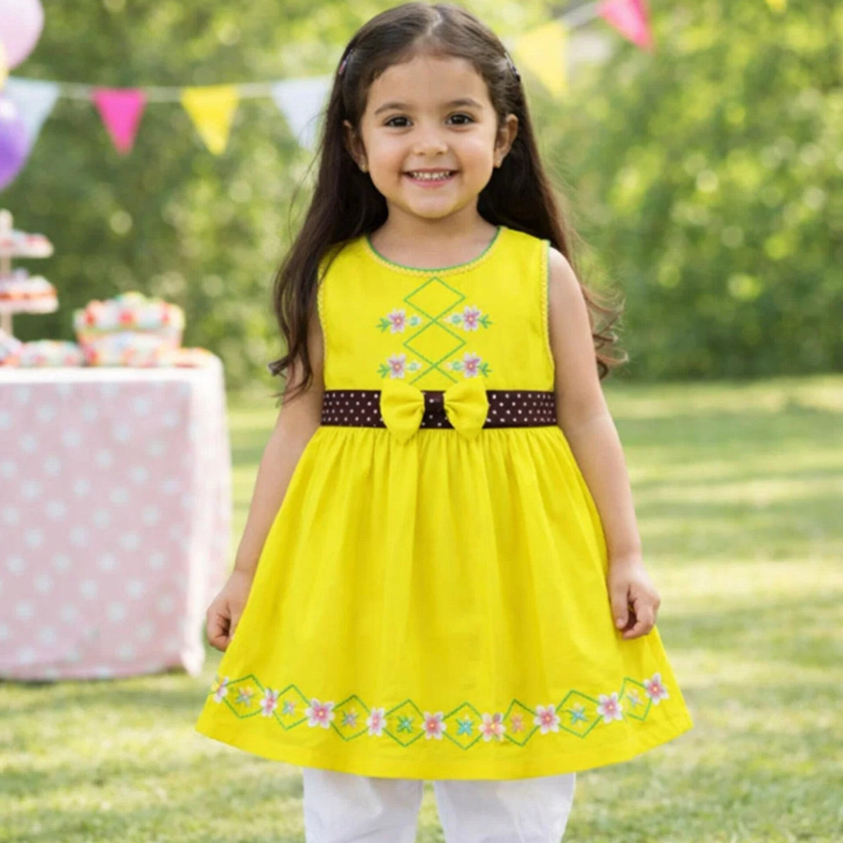 P&P - Short Sleeve - Embroidered Frock - Yellow - Polka Bow