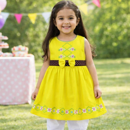P&P - Short Sleeve - Embroidered Frock - Yellow - Polka Bow