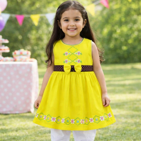 P&P - Short Sleeve - Embroidered Frock - Yellow - Polka Bow