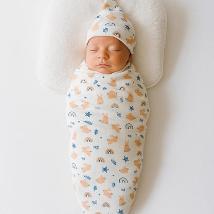 Swaddle with Cap - Navy & Brown - Rabbit & Stars