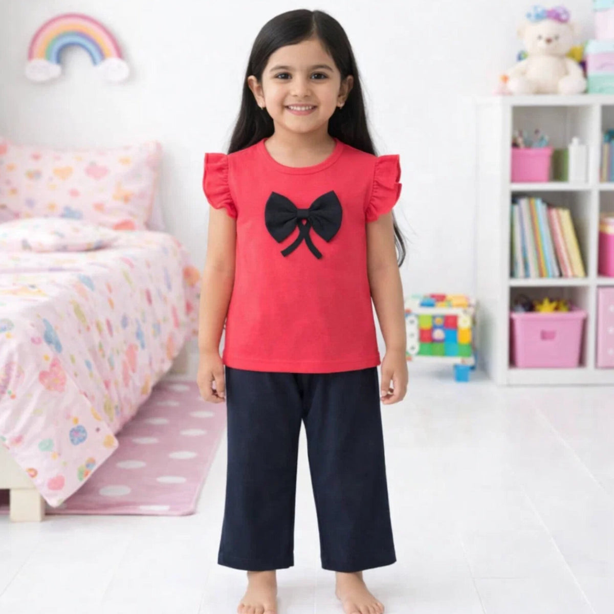 OLINI - Cropped Shirt & Bell Bottom - Pink - Bow