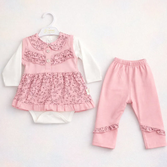 GM - 3 Pieces - Frock Set - Pink - Flower & Leaves