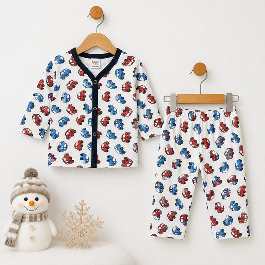 Terry Baby Night Suit – White Cars | Winter Nightwear 3 Months–6 Years