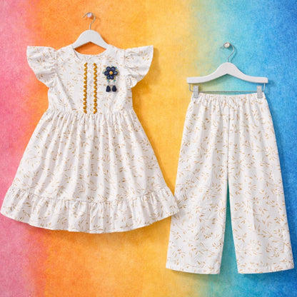 GA - 2 Pieces - Frock Set - White - Leaves