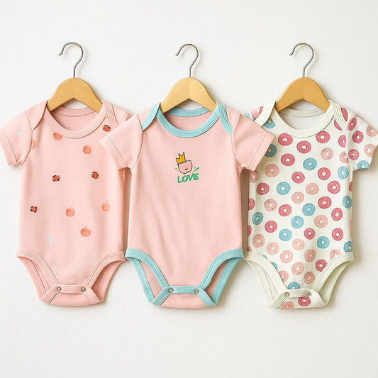TBS - Pack of 3 - Short Sleeve Bodysuits - Pink - Love & Donuts