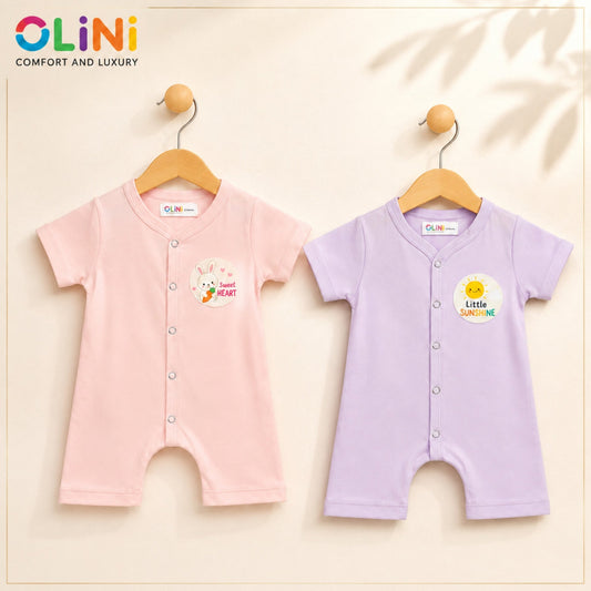 Cotton Jersey Short Leg Rompers - Pack of 2 - Pink & Purple - NUJ - OLINI