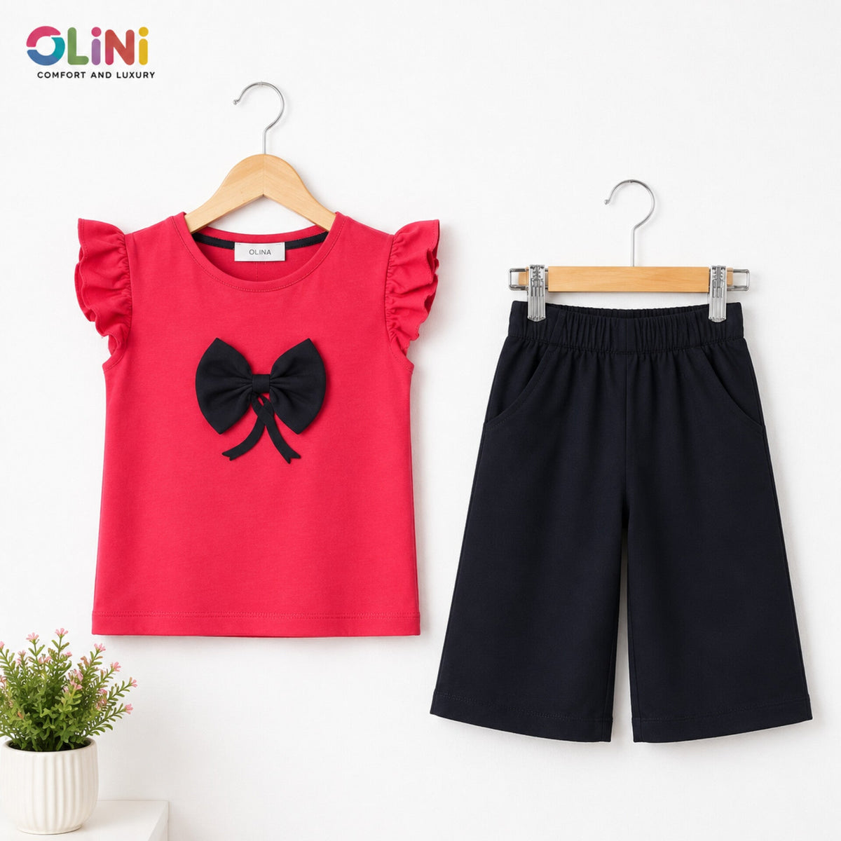 OLINI - Cropped Shirt & Bell Bottom - Pink - Bow