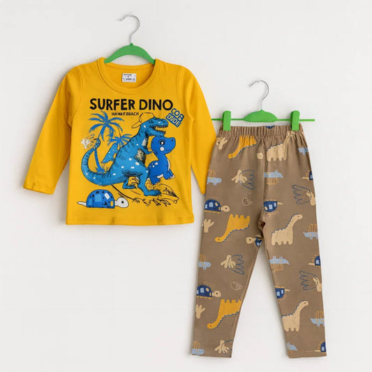 Sarah Aly - Night Suit - Cotton Interlock - Yellow - Super Dino - China