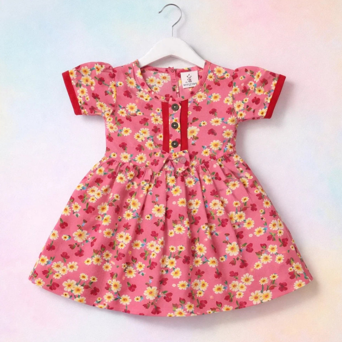 PR - Printed Frock - Yellow - Red Pink Flowers