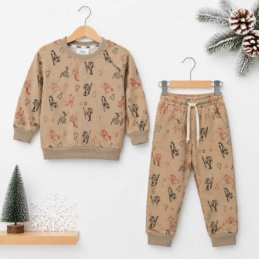 Kids Fleece Winter Suit Set Brown Helicopter – 2 Piece Shirt & Trouser – 18 Months to 5 Years