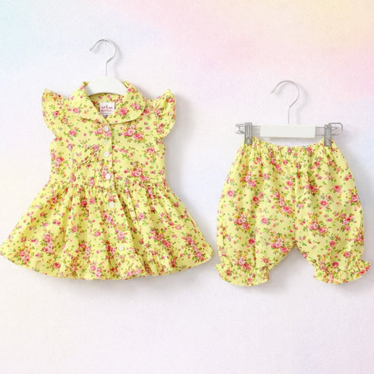 PR - 2 Pieces - Frock Set - Yellow - Pink Rose