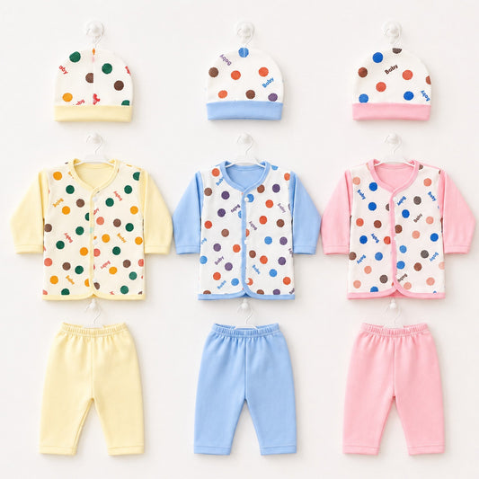 Three baby clothing sets hanging on white hangers against a plain light background. Each set includes a long-sleeve button-front romper, pants, and hat.