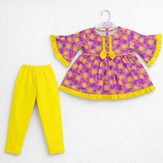 P&P - 2 Pieces - Frock Set - Pink - Blue & Yellow Floral