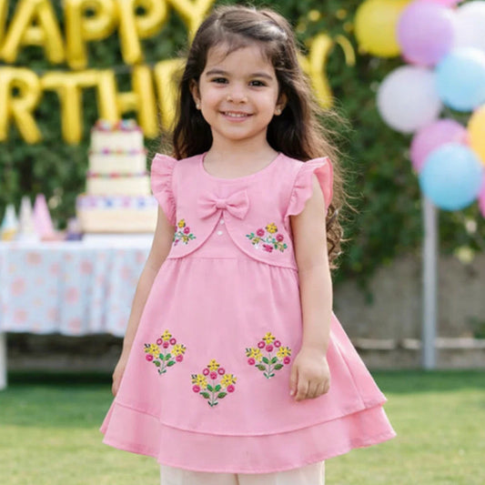 P&P - Short Sleeve - Embroidered Frock - Pink - Chain Floral