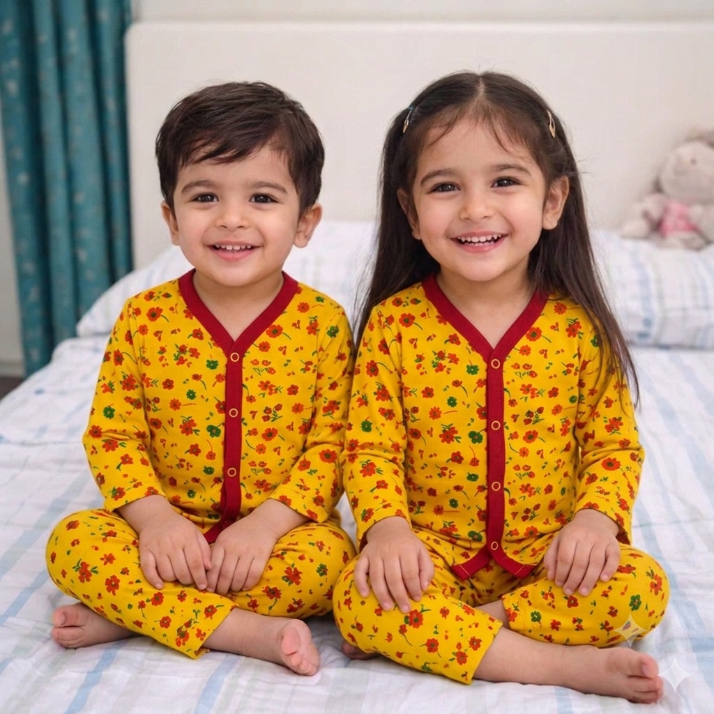 Cotton Jersey Night Suit - Yellow - Floral - 26 - TBS