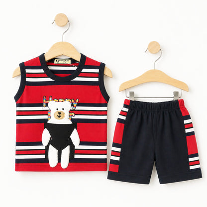 Cotton Jersey - Sando & Short - Red & Navy - Happy Bear