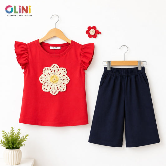 OLINI - Cropped Shirt & Bell Bottom - Red - Flower