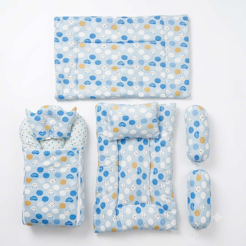 A 5-piece baby bedding set in light blue, featuring a polka dot pattern with white and yellow accents, including a mattress cover, changing pad, bassinet cover, and two cylindrical pillow covers, arranged on a white background.