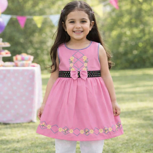 P&P - Short Sleeve - Embroidered Frock - Pink - Polka Bow