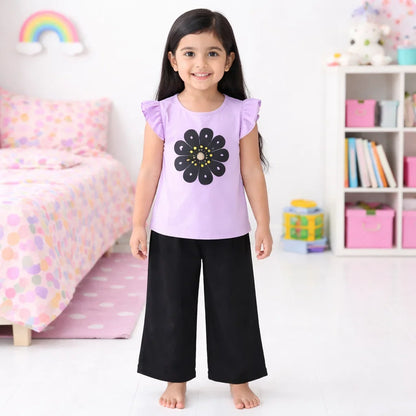 OLINI - Cropped Shirt & Bell Bottom - Purple - Flower
