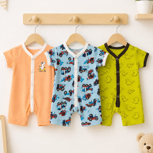 LO - Cotton Jersey - Pack of 3 - Short Leg Rompers - Blue & Orange - Dino & Tractor