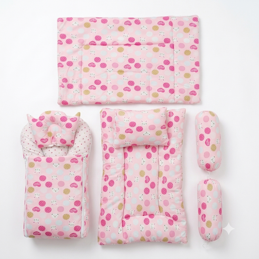 A baby bedding set laid out on a white background, including a quilted mattress protector, a changing pad with a matching pillow, a bassinet cover with a matching pillow, and two cylindrical cushion protectors. The fabric has a light pink base with a patt