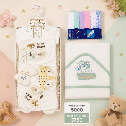 Newborn Welcome Bundle - White Little Friends Starter Set, White Bath Towel & Face Towel Pack