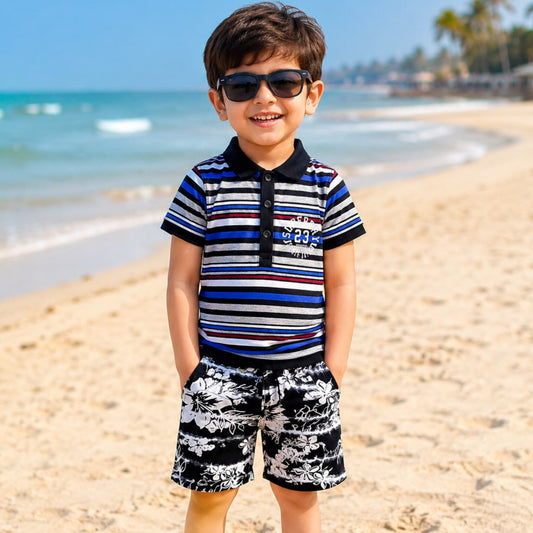 GT - Cotton Jersey - T-Shirt & Short - Blue White Stripes & Black