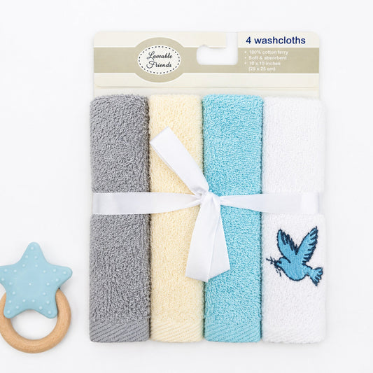 A 4-pack of Lavender Friends baby washcloths in gray, cream, light blue, and white, tied with a white ribbon. The white cloth features a blue embroidered bird.