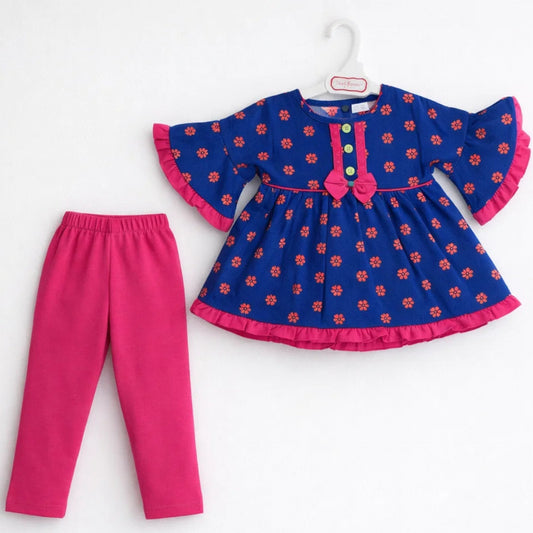 P&P - 2 Pieces - Frock Set - Dark Blue - Pink Bow & Sun