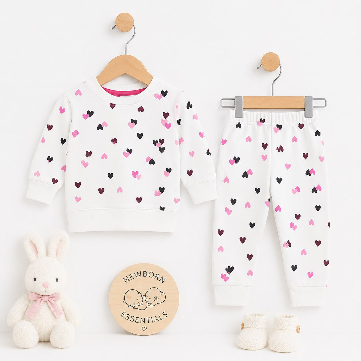 A baby clothing set displayed on wooden hangers against a white background, featuring a long-sleeve top and matching pants with an allover heart pattern in pink and black. The set is styled with a plush white bunny toy, a round wooden 'Newborn Essentials'