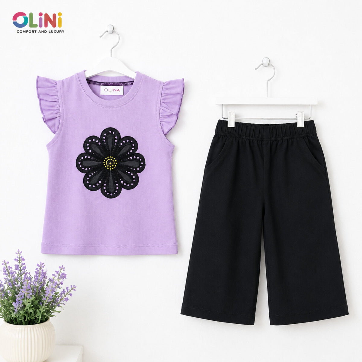 OLINI - Cropped Shirt & Bell Bottom - Purple - Flower