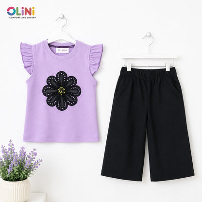 OLINI - Cropped Shirt & Bell Bottom - Purple - Flower