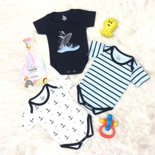 Short Sleeve Pack of 3 Bodysuits - Cotton Interlock - Navy - HY