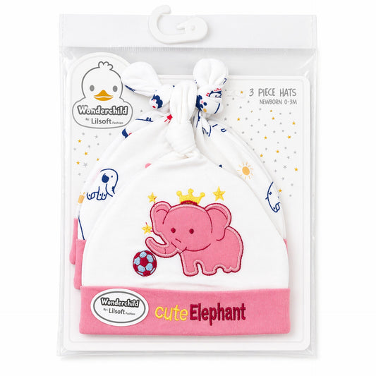 Wonderchild - Pack of 3 Hats - Pink  -  Cute Elephant