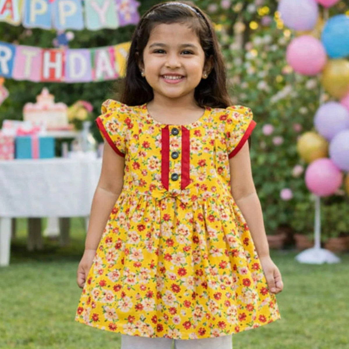 PR - Printed Frock - Pink - Red Yellow Flowers