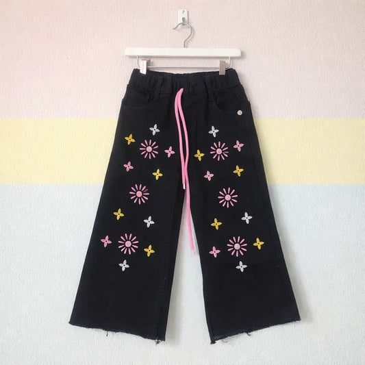 BRB - Bell Bottom - Jeans - Black - Flowers - (2-10Y)