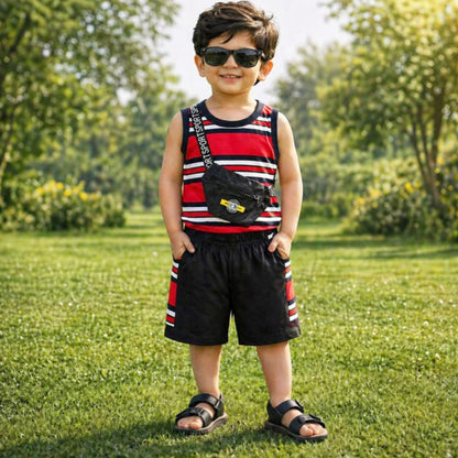 Cotton Jersey - Sando & Short - Red & Navy - Pocket