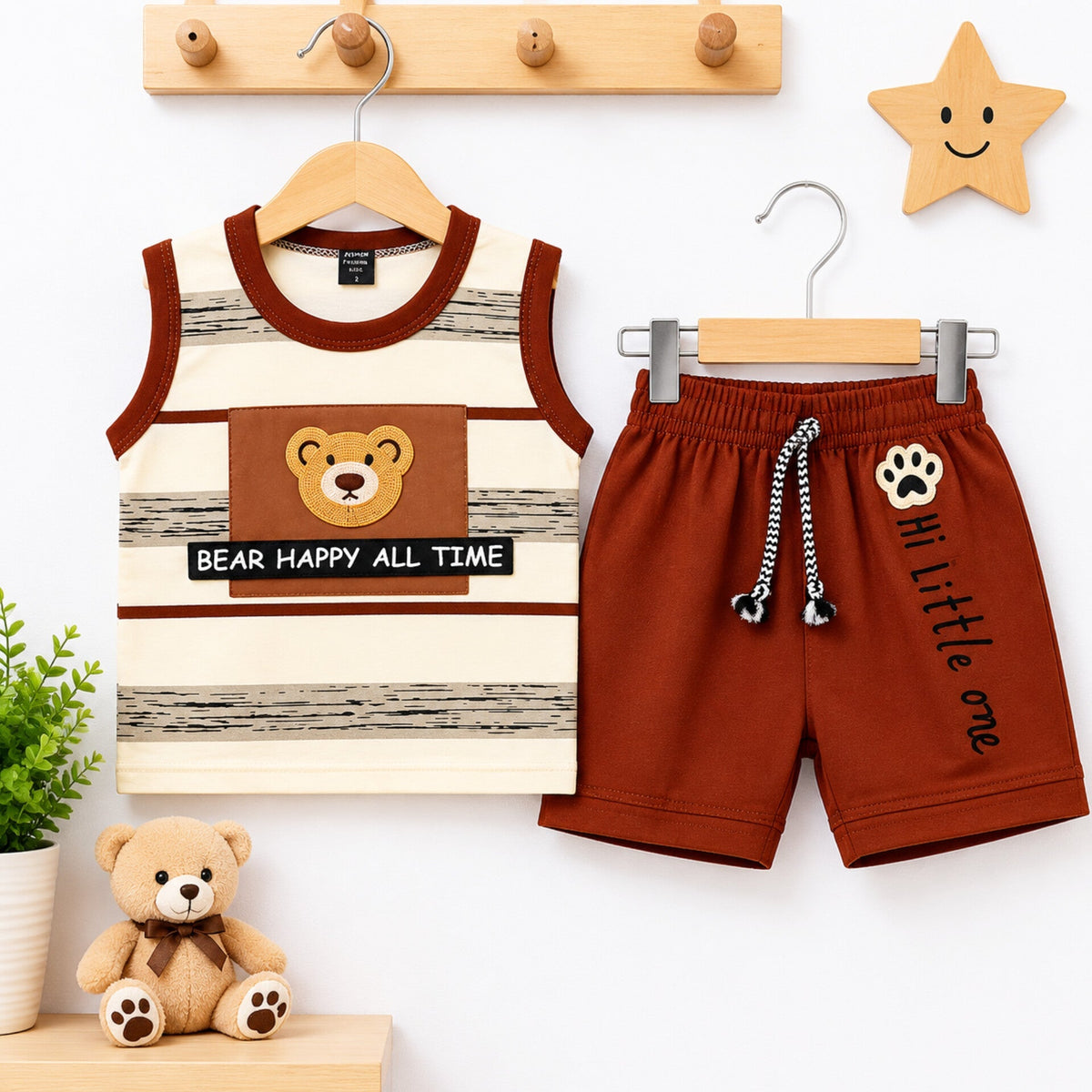 WS - Cotton Jersey - Sando & Short - Brown - Bear Happy
