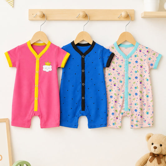 LO - Cotton Jersey - Pack of 3 - Short Leg Rompers - Blue & Pink - Flowers