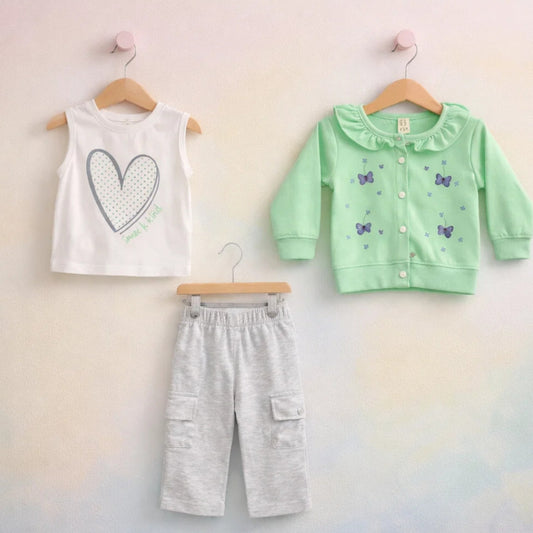 Six Bro - 3 Pieces - Suit Set - Green - Strawberry & Bow