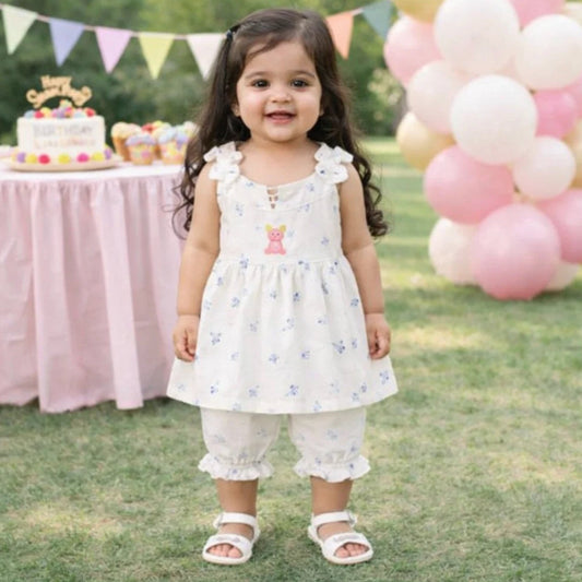 P&P - 2 Pieces - Frock Set - White - Blue Twin Flowers