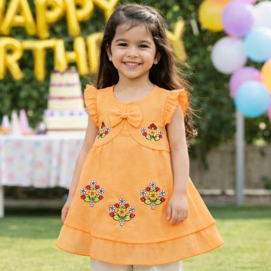 P&P - Short Sleeve - Embroidered Frock - Peach - Chain Floral