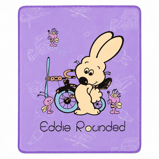 A square purple mousepad featuring a cartoon illustration of a beige rabbit riding a bicycle with pink and yellow insects, and the text 'Eddie Rounded' at the bottom.