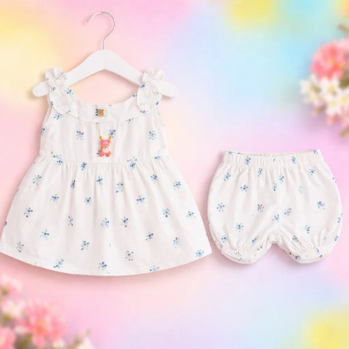P&P - 2 Pieces - Frock Set - White - Blue Twin Flowers