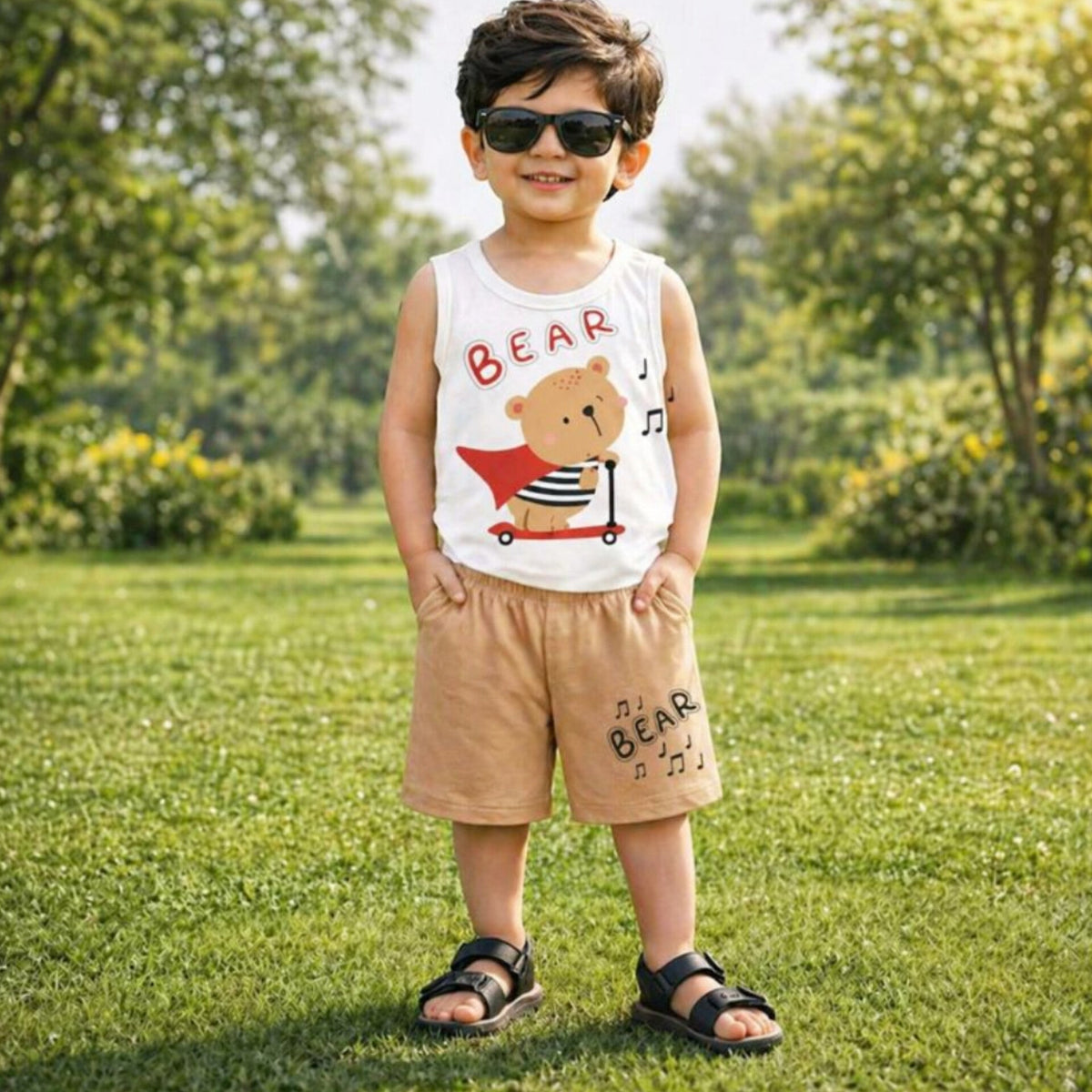 Cotton Jersey - Sando & Short - White - Bear