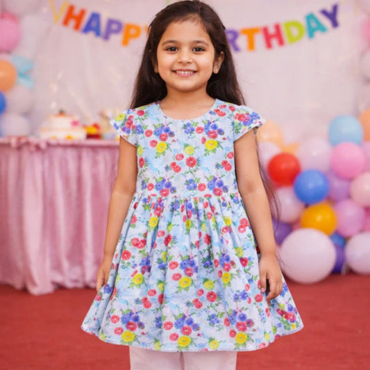 P&P - Short Sleeve - Frock - Light Blue - Colorful Flowers